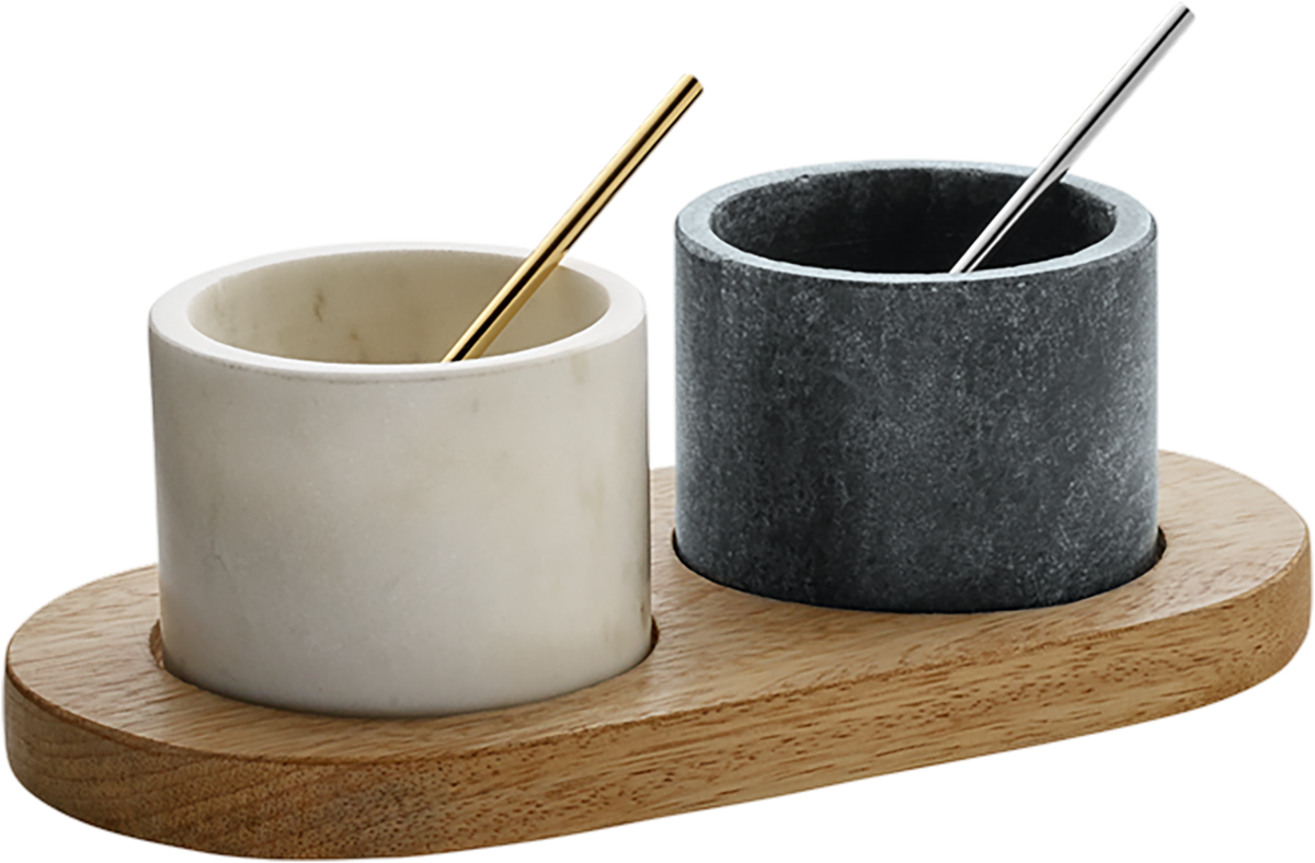 Menage with small marble bowl and spoons 20x11cm