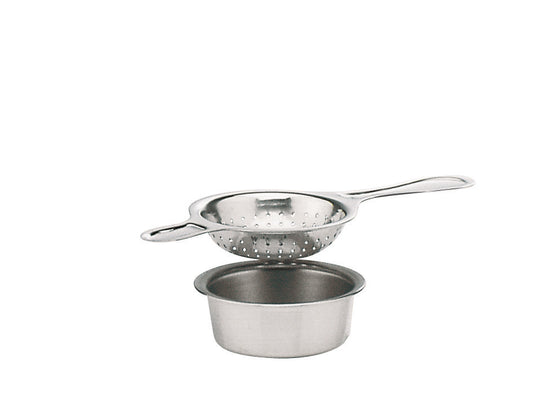 Tea strainer with drip stand, silverplated